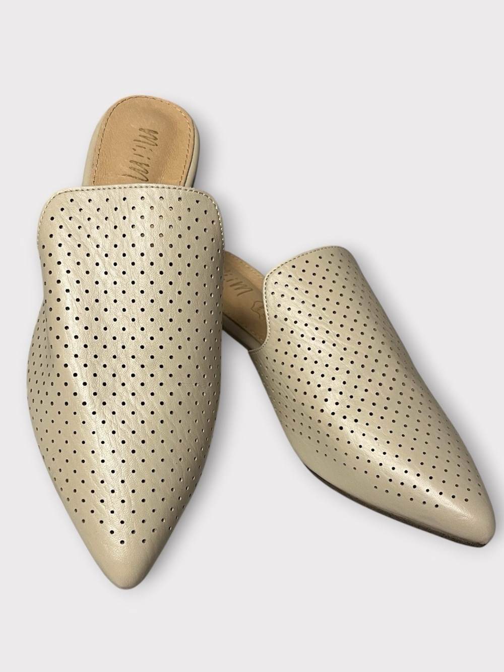 Miim Cream Perforated Leather Pointed Toe Mules Size 7.5